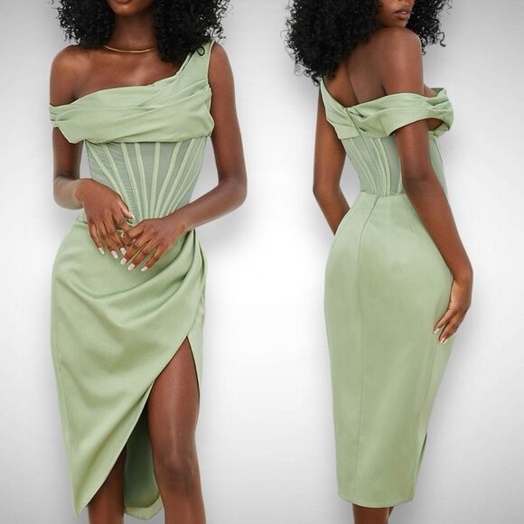 House of CB‎ Lulu Drape Satin Boned Corset Pistachio Green Midi Dress Size XS - Picture 1 of 10